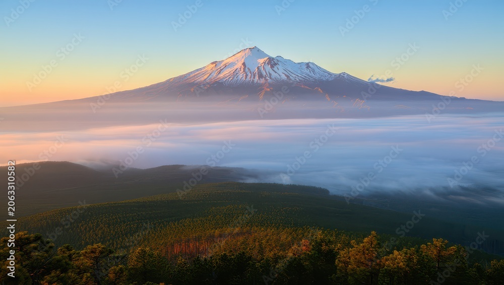 Fototapeta premium Majestic snowy mountain peak above clouds.