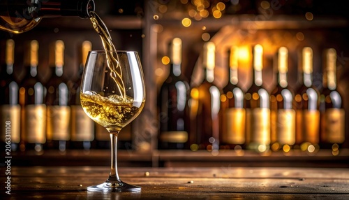Golden liquid wine streams into stemmed glass with bokeh lights and numerous blurred wine bottles on background shelves at night