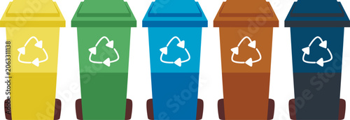 Colored containers for waste sorting. Environmental awareness. Recycling bins. Vector flat cartoon clip art.