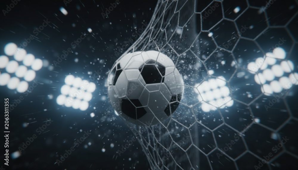 Fototapeta premium Close up view of a soccer ball hitting the white net with water drops flying in a stadium under bright floodlights at night