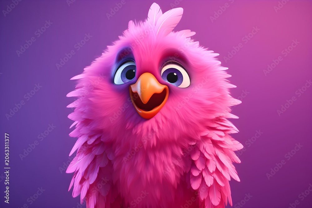 Fototapeta premium Pink fluffy bird character with large expressive eyes isolated on gradient background. Cute fantasy creature portrait in 3D cartoon style. Mascot design for animation and game art.