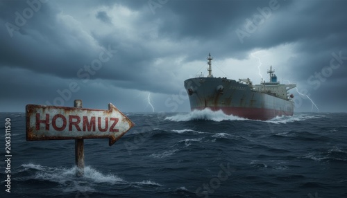Heavy cargo vessel navigates rough dark ocean water past rusted arrow sign pointing towards Hormuz region during intense storm weather