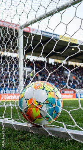 Colorful soccer ball resting in the goal net on a green stadium pitch