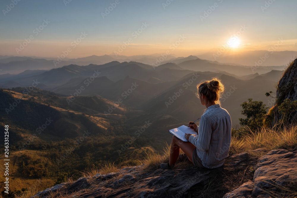 Fototapeta premium A solo traveler journaling on a mountaintop overlooking sunrise. 