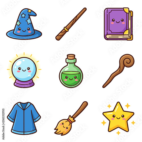 Cartoon magic wizardry fantasy icons set.
