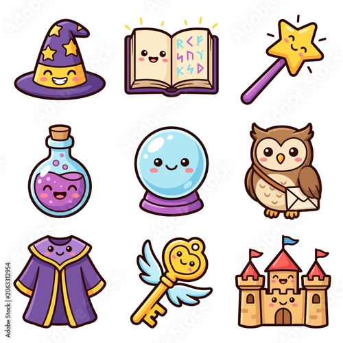 Cartoon magic fantasy objects collection.
