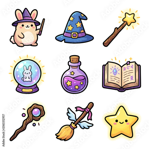 Cartoon bunny in wizard hat magic.