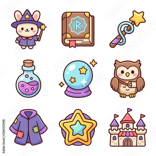 Cartoon magic fantasy wizard items.