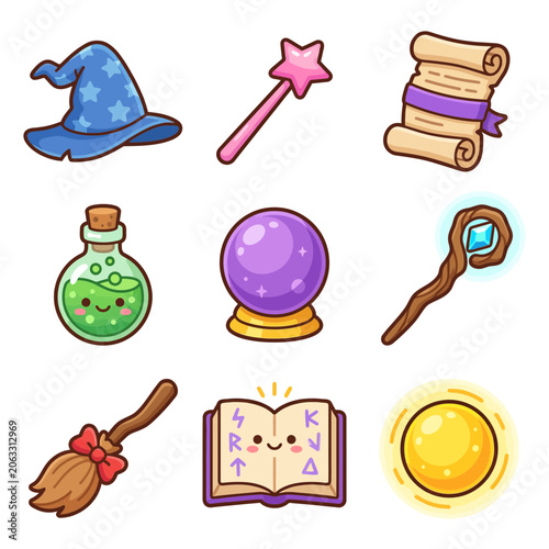 Cartoon magic wand and witch hat.