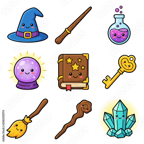 Cartoon magic fantasy objects collection.