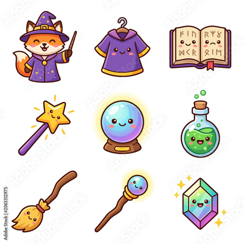Cartoon magic fantasy objects and costumes.