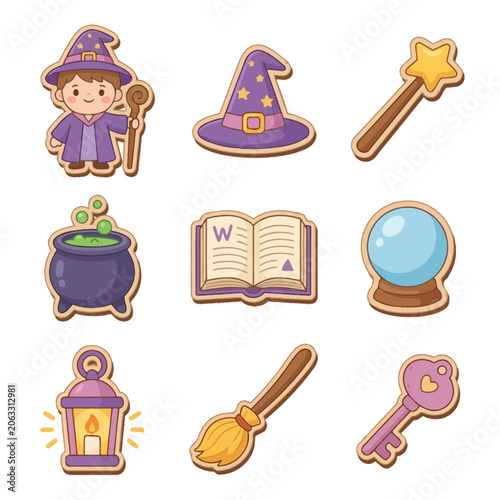 Cartoon witch magic fantasy icons set.