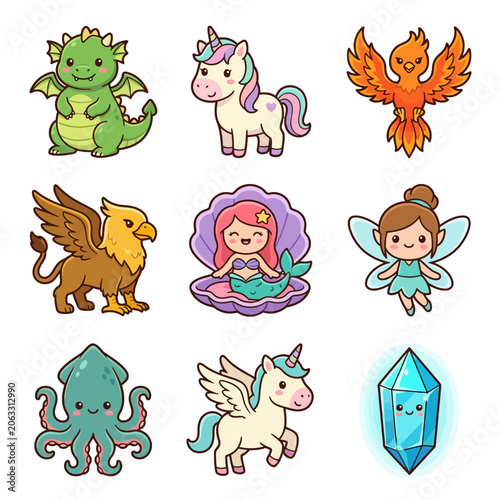 Cartoon fantasy creatures and animals.