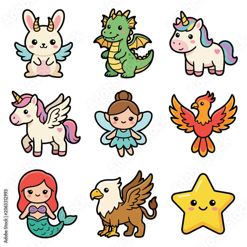 Colorful fantasy cartoon mythical creatures icons.