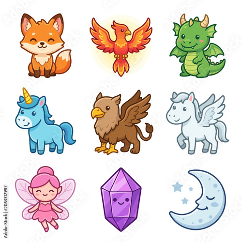 Colorful fantasy creatures and animals.