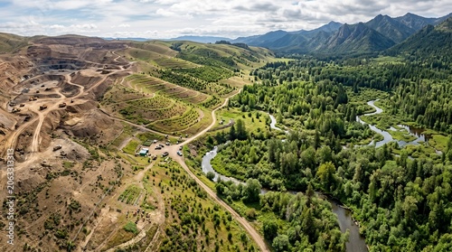 Aerial view shows forest boundary changing to barren land with road and river flowing through