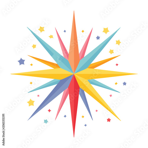 Colorful starburst with sparkles on white background
