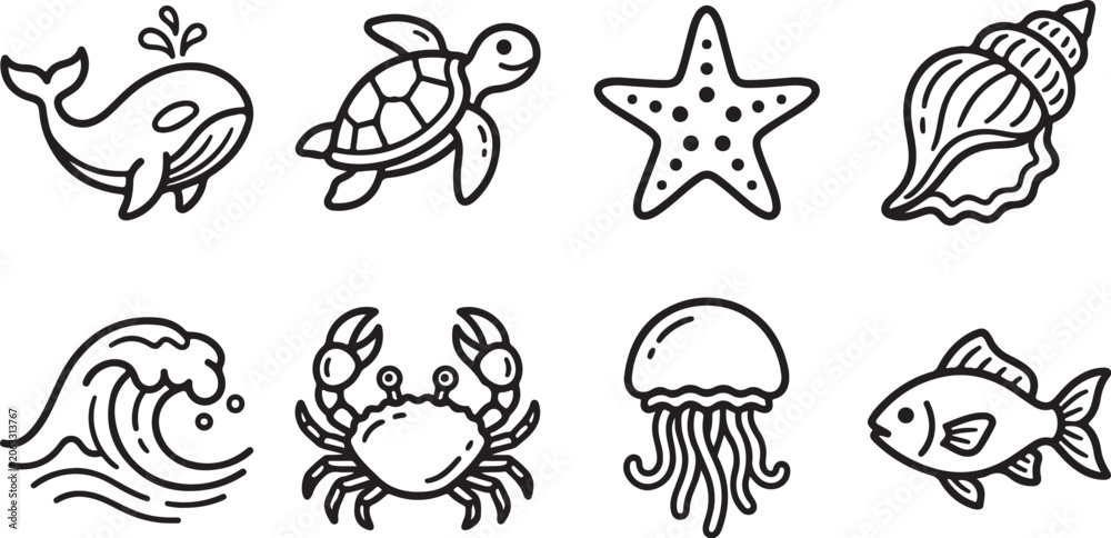Obraz premium Simple black and white ocean sea creatures icons set