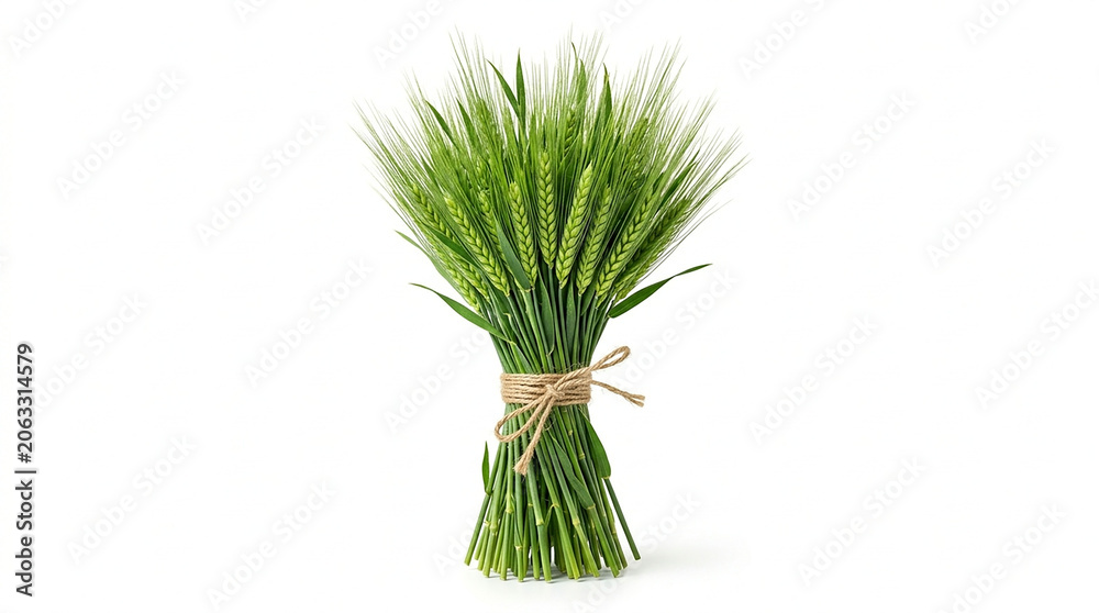 Fototapeta premium Fresh Green Wheat Stalks Tied Together with Twine on a White Background
