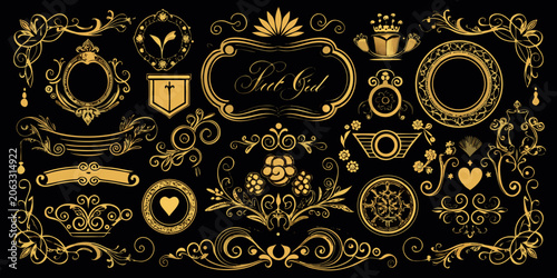 Luxury golden ornamental frames and design elements set, vector