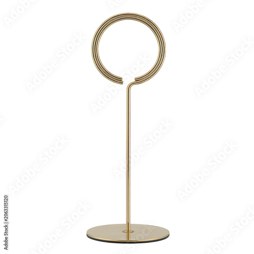A tall metallic gold table number holder with an open circular ring and a flat round base, isolated on a clean white background, event decor
