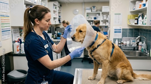 Veterinarian in blue scrubs applying protective Elizabethan collar to a golden retriever dog in a bright clinic