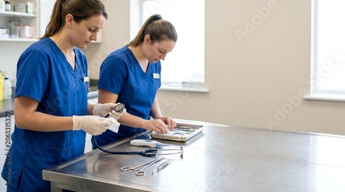 Two veterinarians in blue scrubs preparing medical instruments for surgery on a metal table