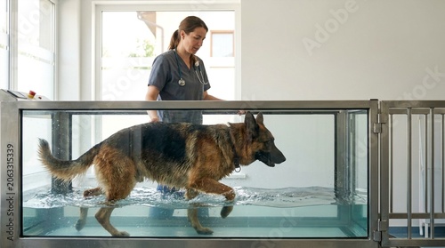 German shepherd dog exercising on an underwater treadmill with a veterinarian monitoring