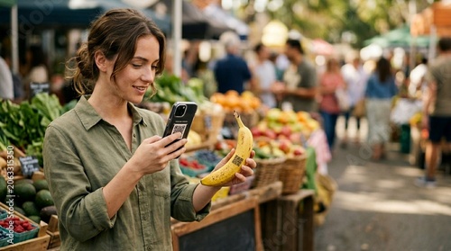 Woman scanning QR code on banana at outdoor farmers market with phone