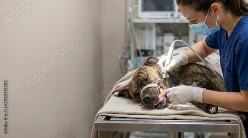 Veterinarian performing dental cleaning on a brindle dog under anesthesia in a clinic