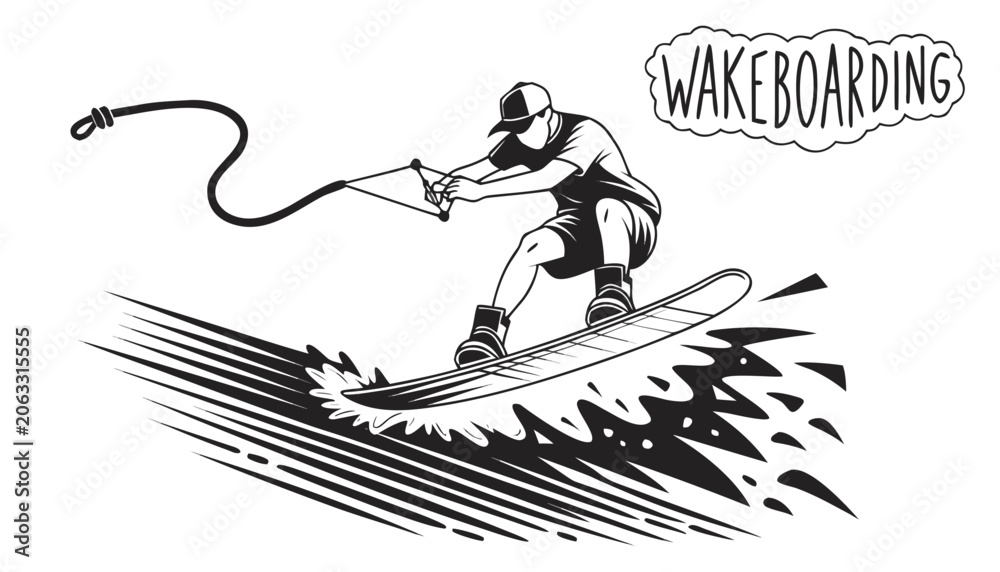 Fototapeta premium Very beautiful black-and-white engraved vector illustration featuring a wakeboarder performing an aerial jump, detailed splash textures, dynamic movement, and decorative label reading 