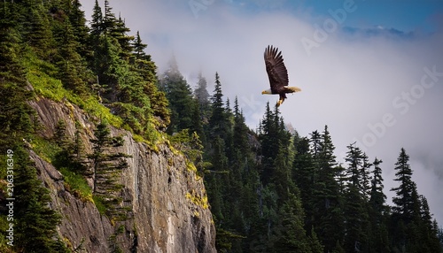 american bald eagle flying past cliff and forest alaska
