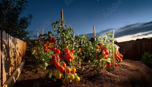 cherry tomatoes ripen on vine in backyard garden on summer night