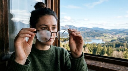 Woman holding glasses to see a clear view of the lake and mountains through one lens