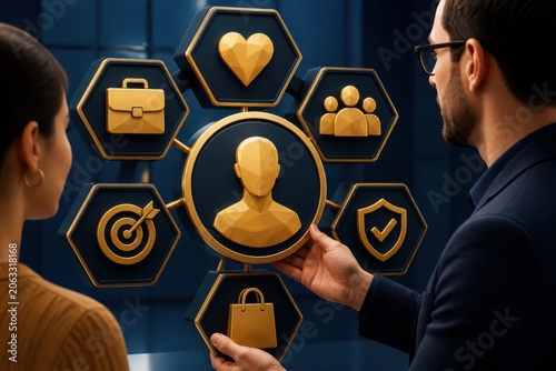 User profile network concept with business icons and team collaboration in 3D render