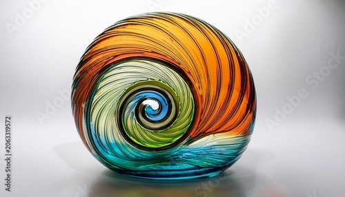 spiral shaped art glass vase by josef hospodka featuring vivid swirls of amber blue and green handcrafted in bohemia and beautifully displayed on a clean white background glass vase
