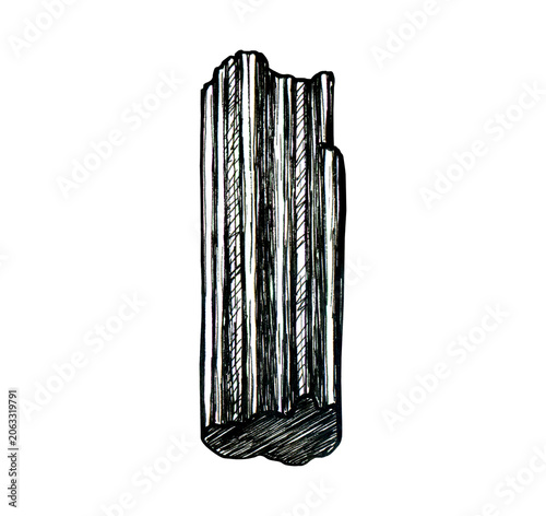 Black tourmaline A crystal drawn in black ink on a white background
