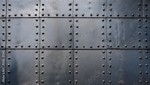 close up of battered sheet metal with evenly spaced rivets background