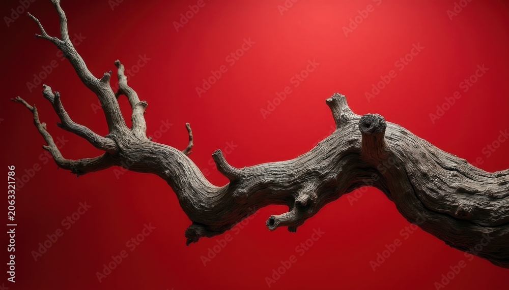 Obraz premium Twisted gnarled dry wood branch lies on vibrant red background. Organic texture, abstract nature concept. Minimalist art, unique shape, weathered bark.