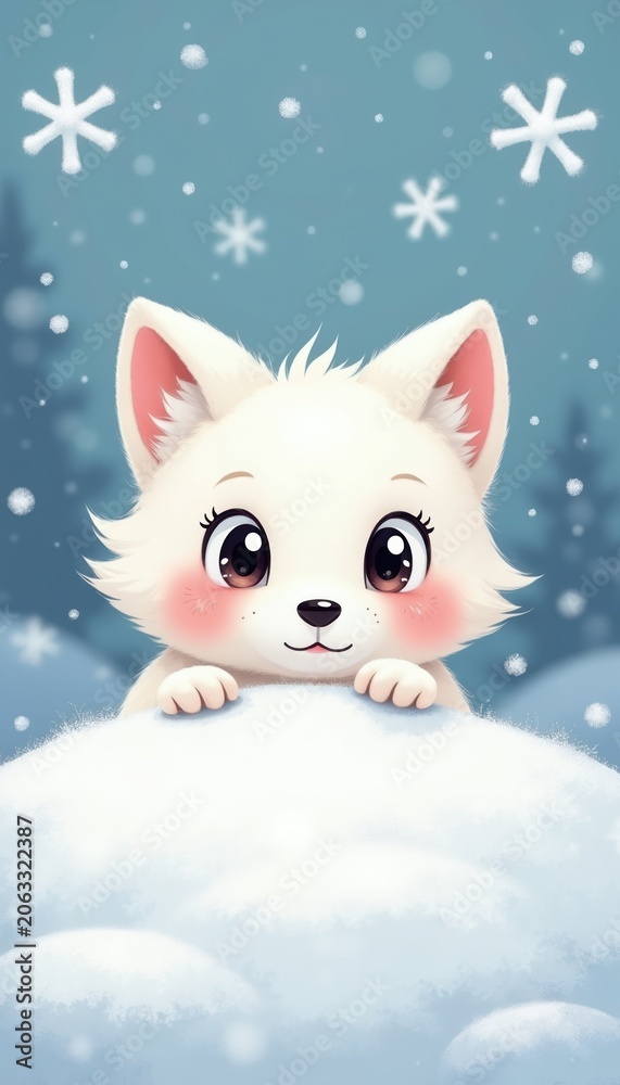Naklejka premium Cute cartoon white fox peeks out from snowdrift on winter day. Fluffy animal with big eyes sits on white snow. Snowflakes fall gently around cute fox.