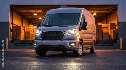  A commercial van standing in a warehouse.	
