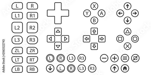 Gray gaming controller buttons and symbols on transparent background