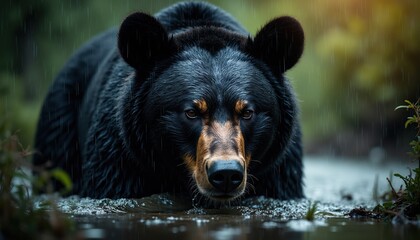 Black bear stands in water during rain shower. Wet fur glistens on animal face and body. Forest foliage creates muted green backdrop. Wildlife portrait.