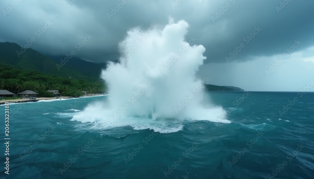Obraz premium Huge water explosion erupts in ocean near tropical island coast. Dark stormy clouds loom over lush green mountains and beach houses. Waves crash violently under dramatic sky.