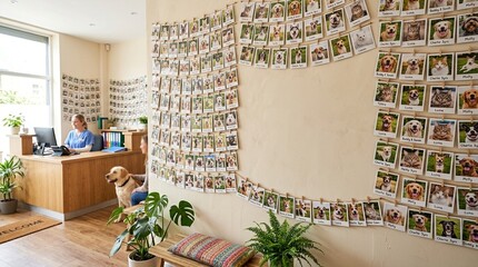 Veterinary clinic reception with a friendly dog waiting for appointment and photos of pets on the wall