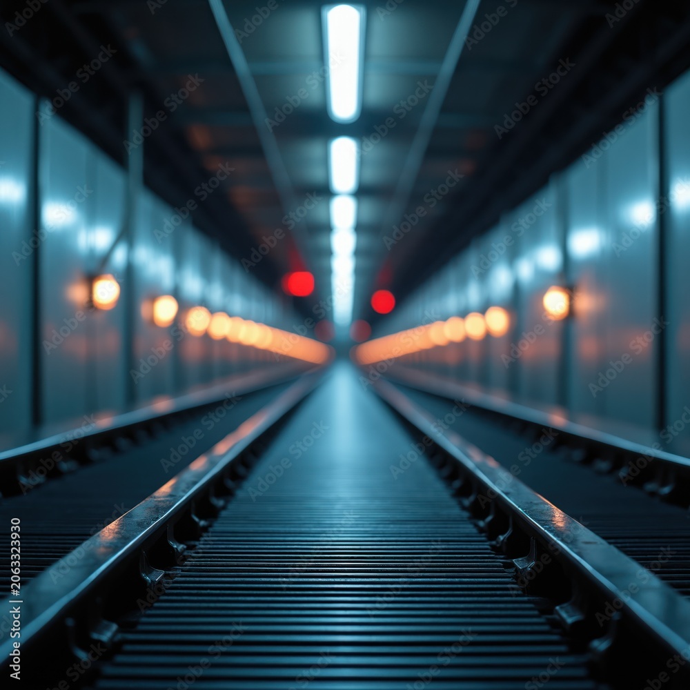 Fototapeta premium Empty train tracks stretch into dark tunnel with glowing lights above, on sides. Futuristic metro subway passage with repeating illumination vanishing point perspective. Transportation infrastructure