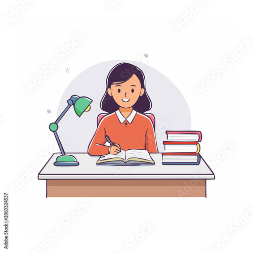 Young girl studying at a desk with books and lamp