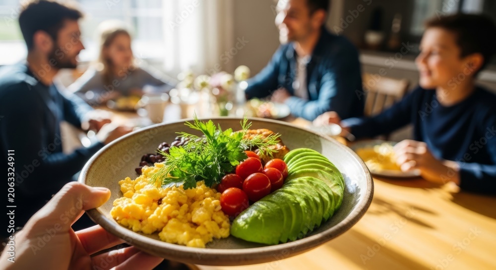 Naklejka premium Family enjoying a healthy breakfast together at a sunlit dining table, with a plate of eggs, avocado, and tomatoes in the foreground