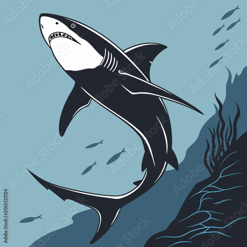 Φωτογραφία Great white shark swimming in deep ocean water near a reef with sea life shark t