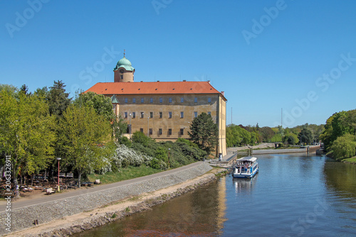 The castle and the Elbe River embankment in the spa town of Podebrady, Czech Republic